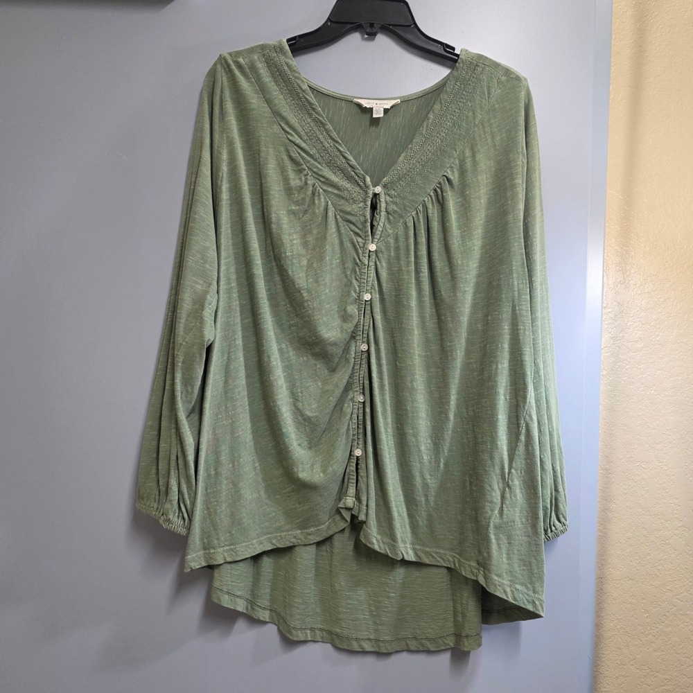 Lucky Brand Womens Sage Green Embroidered V-Neck Button Front Top Large